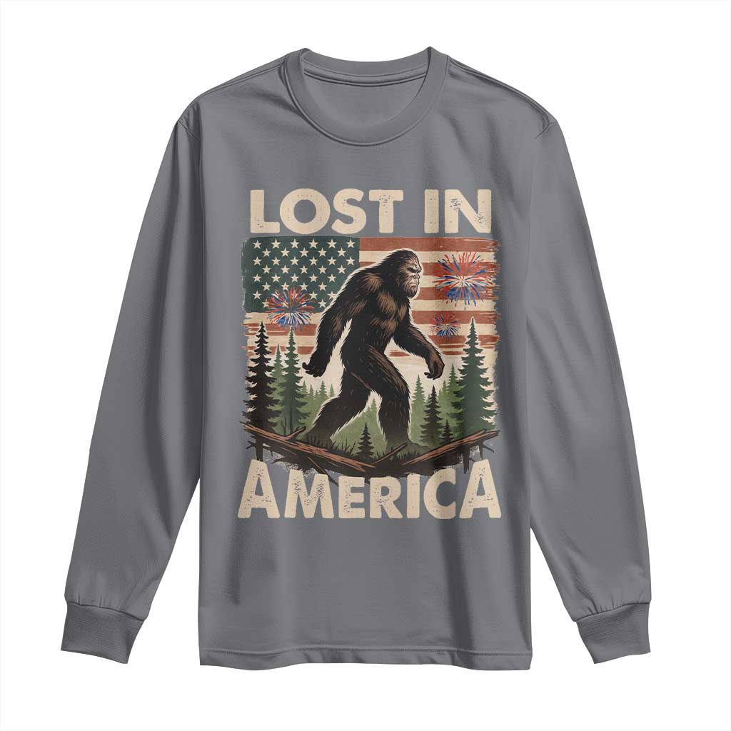Funny 4th Of July Bigfoot Lost In America Long Sleeve Shirt Patriotic Sasquatch US Flag Fireworks - Wonder Print Shop
