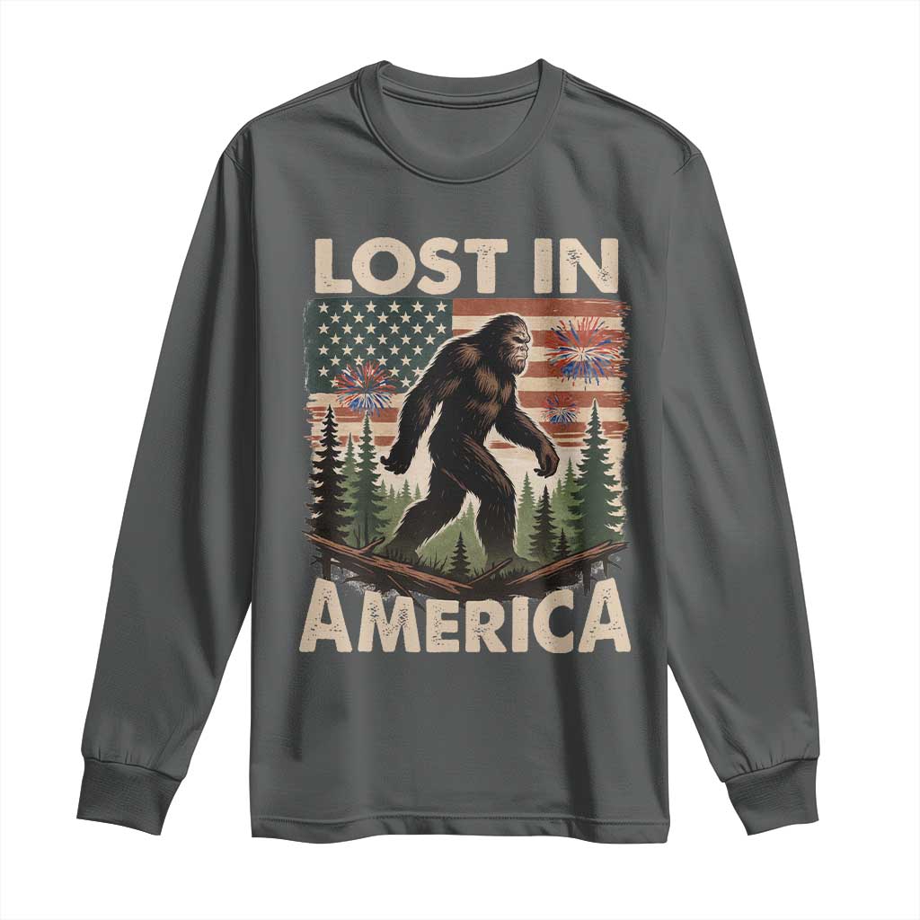 Funny 4th Of July Bigfoot Lost In America Long Sleeve Shirt Patriotic Sasquatch US Flag Fireworks - Wonder Print Shop