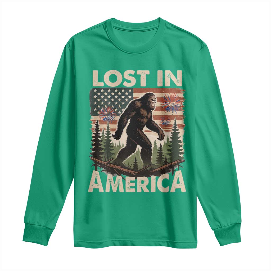 Funny 4th Of July Bigfoot Lost In America Long Sleeve Shirt Patriotic Sasquatch US Flag Fireworks - Wonder Print Shop