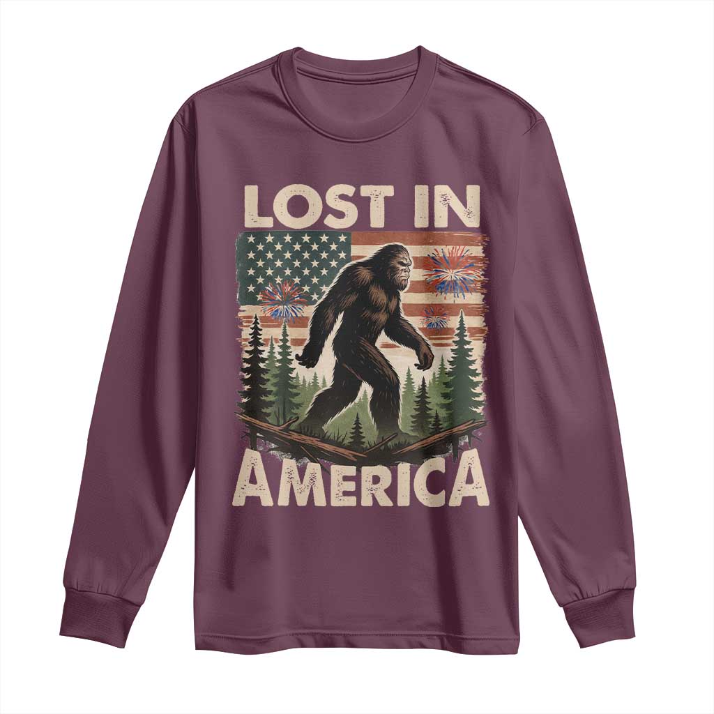 Funny 4th Of July Bigfoot Lost In America Long Sleeve Shirt Patriotic Sasquatch US Flag Fireworks - Wonder Print Shop