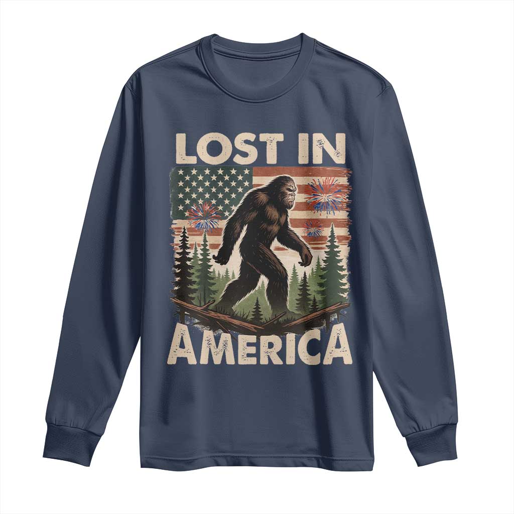 Funny 4th Of July Bigfoot Lost In America Long Sleeve Shirt Patriotic Sasquatch US Flag Fireworks - Wonder Print Shop