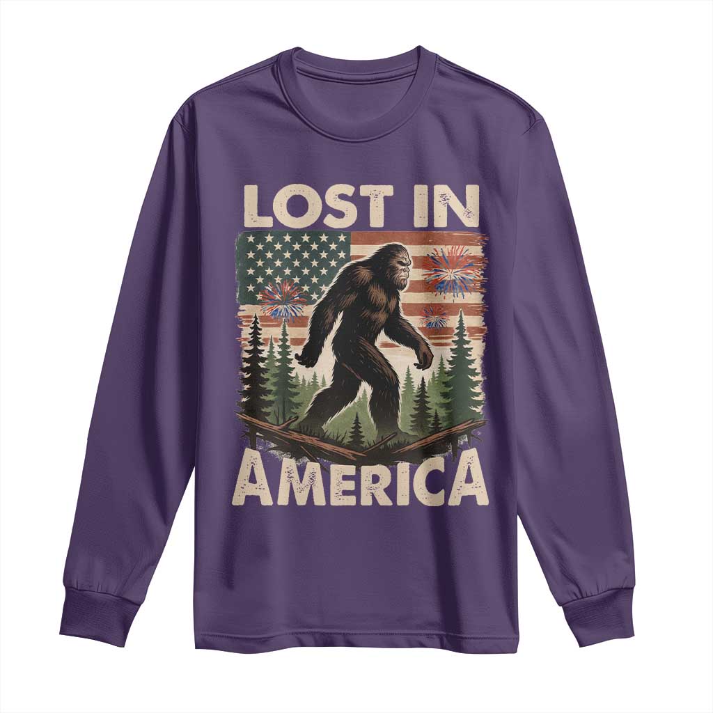 Funny 4th Of July Bigfoot Lost In America Long Sleeve Shirt Patriotic Sasquatch US Flag Fireworks - Wonder Print Shop