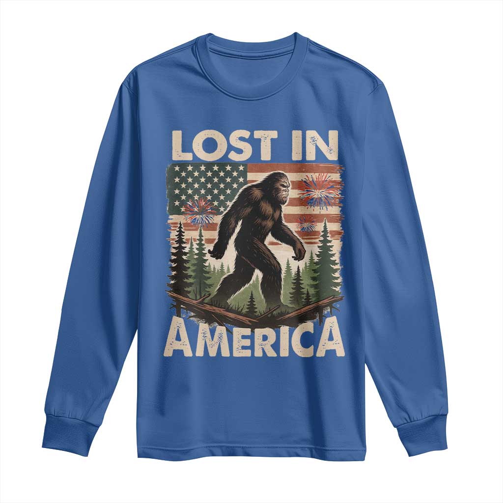 Funny 4th Of July Bigfoot Lost In America Long Sleeve Shirt Patriotic Sasquatch US Flag Fireworks - Wonder Print Shop