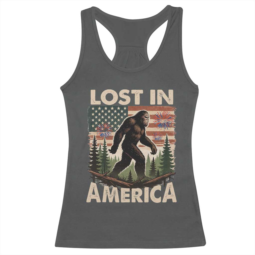 Funny 4th Of July Bigfoot Lost In America Racerback Tank Top Patriotic Sasquatch US Flag Fireworks - Wonder Print Shop
