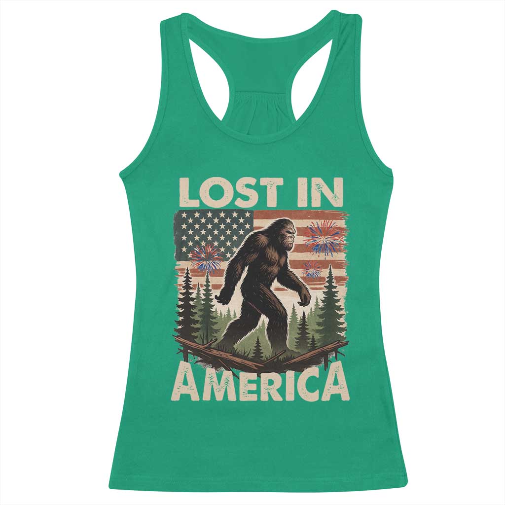 Funny 4th Of July Bigfoot Lost In America Racerback Tank Top Patriotic Sasquatch US Flag Fireworks - Wonder Print Shop