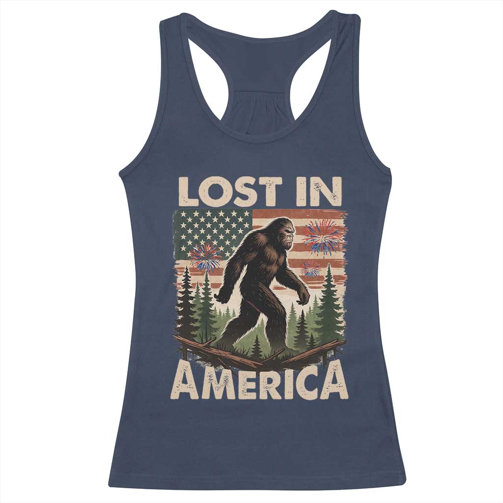 Funny 4th Of July Bigfoot Lost In America Racerback Tank Top Patriotic Sasquatch US Flag Fireworks - Wonder Print Shop