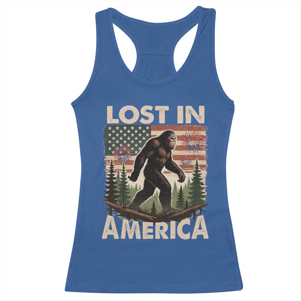 Funny 4th Of July Bigfoot Lost In America Racerback Tank Top Patriotic Sasquatch US Flag Fireworks - Wonder Print Shop