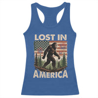 Funny 4th Of July Bigfoot Lost In America Racerback Tank Top Patriotic Sasquatch US Flag Fireworks - Wonder Print Shop