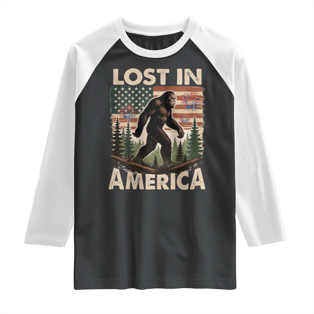 Funny 4th Of July Bigfoot Lost In America Raglan Shirt Patriotic Sasquatch US Flag Fireworks - Wonder Print Shop