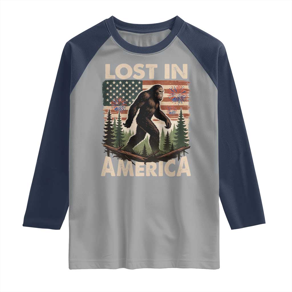 Funny 4th Of July Bigfoot Lost In America Raglan Shirt Patriotic Sasquatch US Flag Fireworks - Wonder Print Shop
