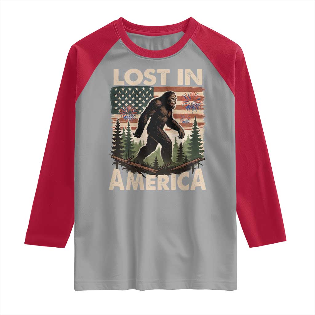 Funny 4th Of July Bigfoot Lost In America Raglan Shirt Patriotic Sasquatch US Flag Fireworks - Wonder Print Shop