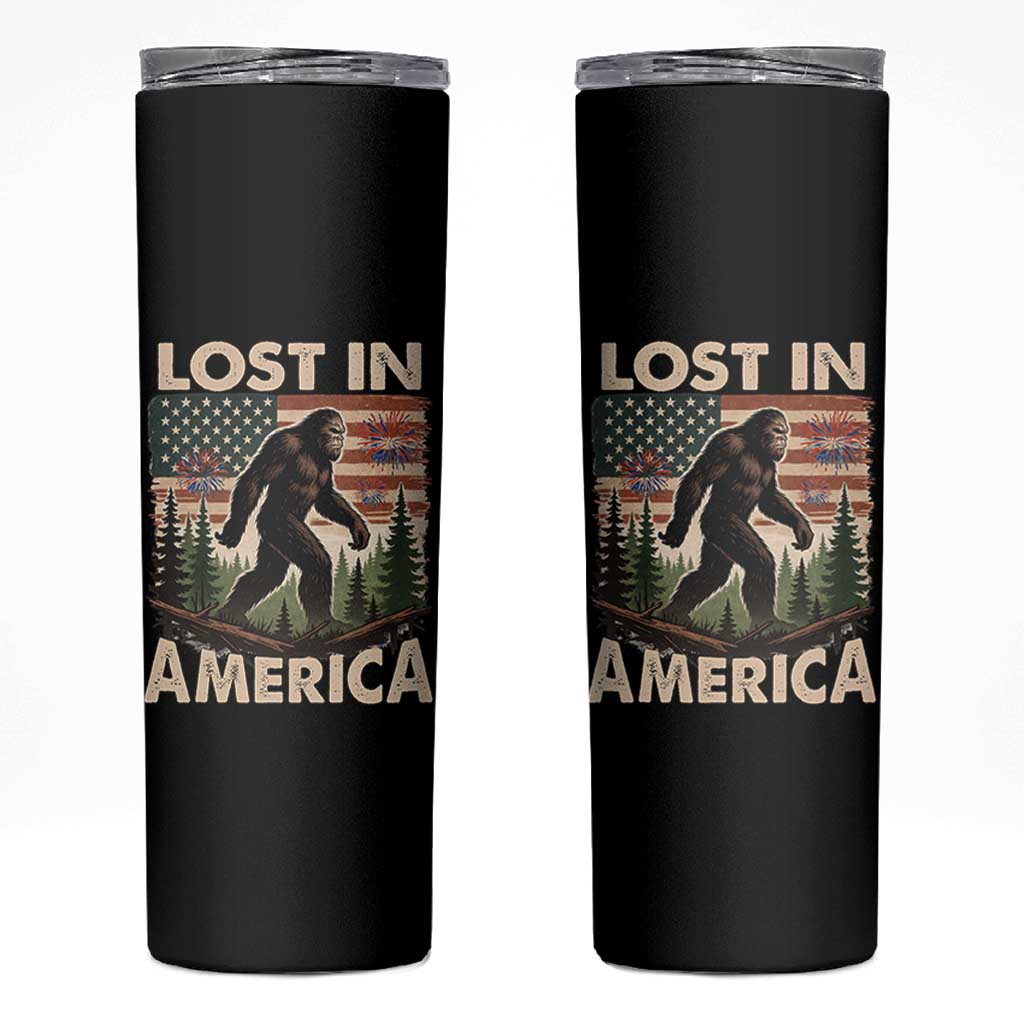 Funny 4th Of July Bigfoot Lost In America Skinny Tumbler Patriotic Sasquatch US Flag Fireworks - Wonder Print Shop