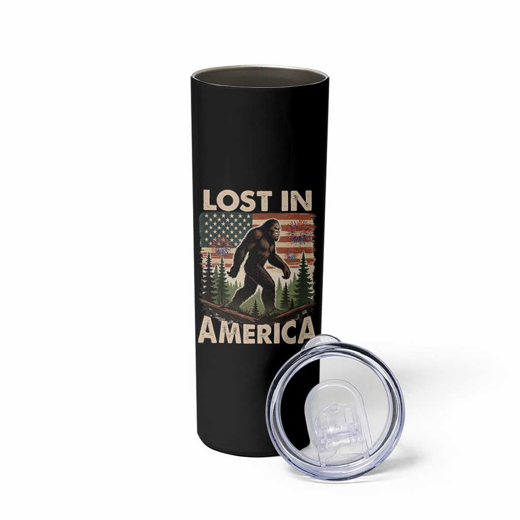 Funny 4th Of July Bigfoot Lost In America Skinny Tumbler Patriotic Sasquatch US Flag Fireworks - Wonder Print Shop