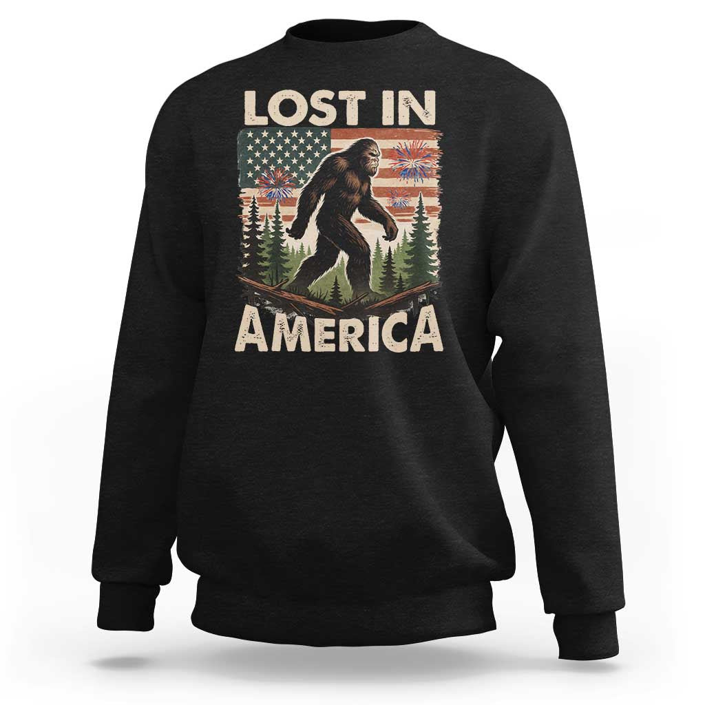 Funny 4th Of July Bigfoot Lost In America Sweatshirt Patriotic Sasquatch US Flag Fireworks - Wonder Print Shop