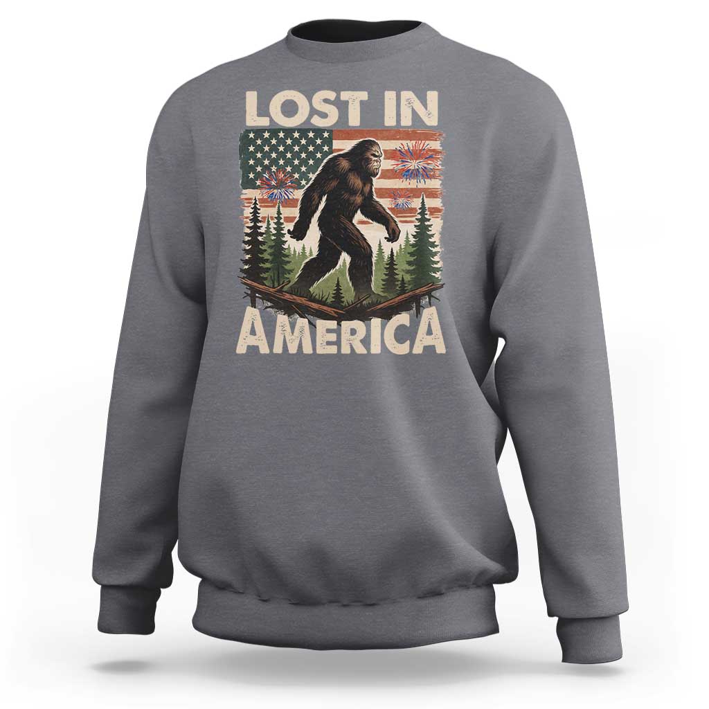 Funny 4th Of July Bigfoot Lost In America Sweatshirt Patriotic Sasquatch US Flag Fireworks - Wonder Print Shop