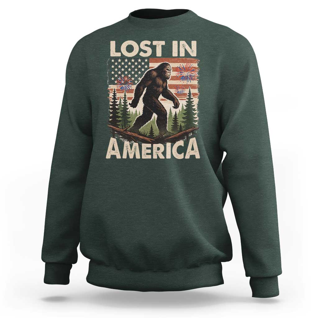 Funny 4th Of July Bigfoot Lost In America Sweatshirt Patriotic Sasquatch US Flag Fireworks - Wonder Print Shop