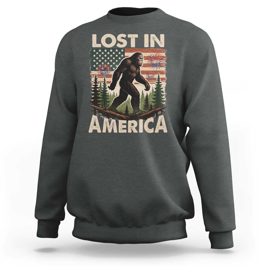 Funny 4th Of July Bigfoot Lost In America Sweatshirt Patriotic Sasquatch US Flag Fireworks - Wonder Print Shop