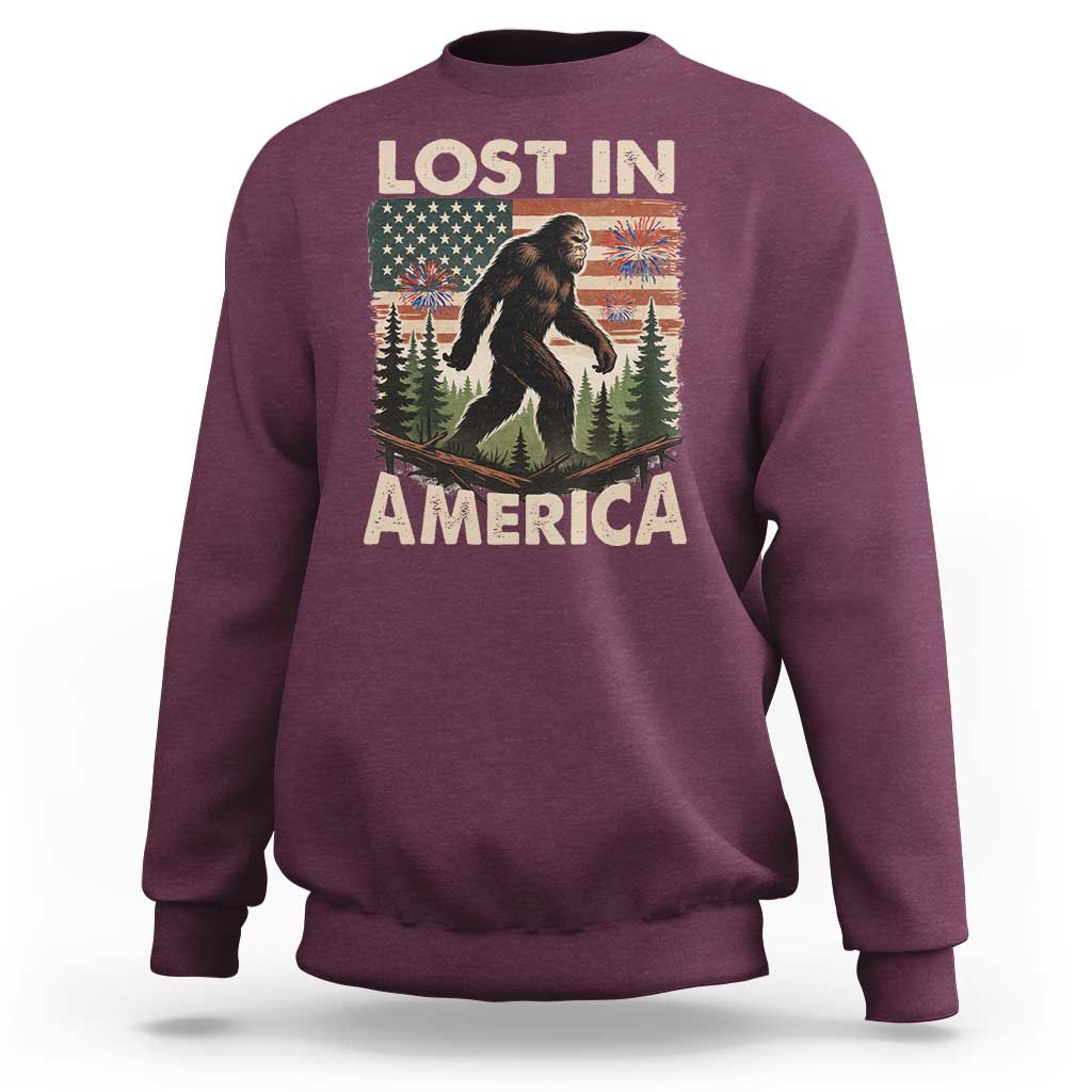 Funny 4th Of July Bigfoot Lost In America Sweatshirt Patriotic Sasquatch US Flag Fireworks - Wonder Print Shop