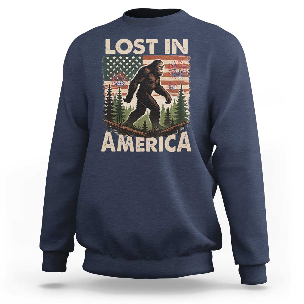 Funny 4th Of July Bigfoot Lost In America Sweatshirt Patriotic Sasquatch US Flag Fireworks - Wonder Print Shop