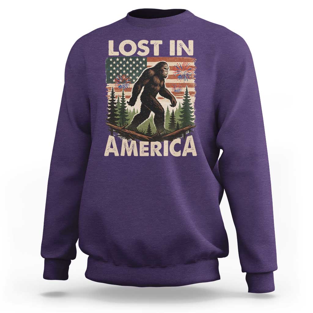 Funny 4th Of July Bigfoot Lost In America Sweatshirt Patriotic Sasquatch US Flag Fireworks - Wonder Print Shop