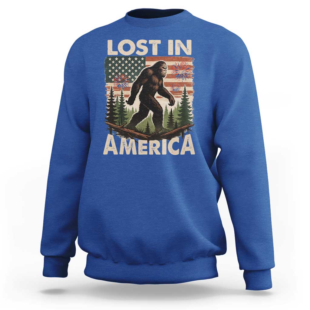 Funny 4th Of July Bigfoot Lost In America Sweatshirt Patriotic Sasquatch US Flag Fireworks - Wonder Print Shop