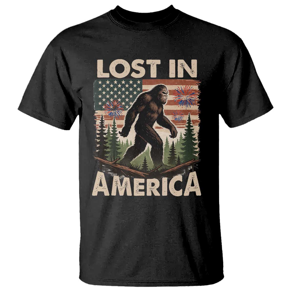 Funny 4th Of July Bigfoot Lost In America T Shirt Patriotic Sasquatch US Flag Fireworks - Wonder Print Shop