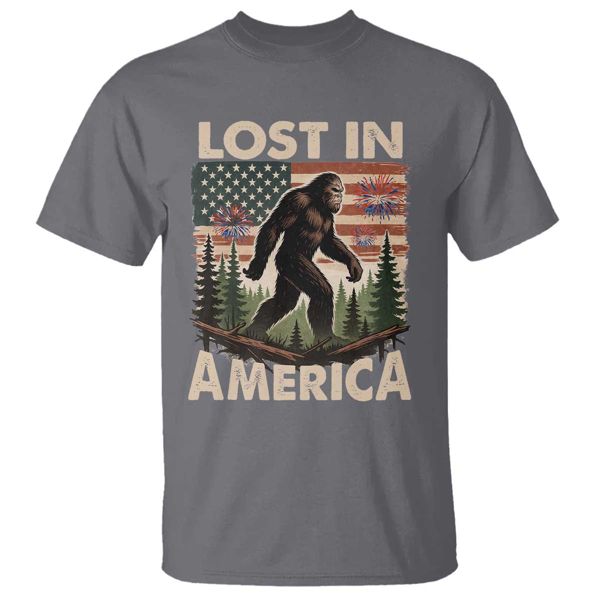 Funny 4th Of July Bigfoot Lost In America T Shirt Patriotic Sasquatch US Flag Fireworks - Wonder Print Shop