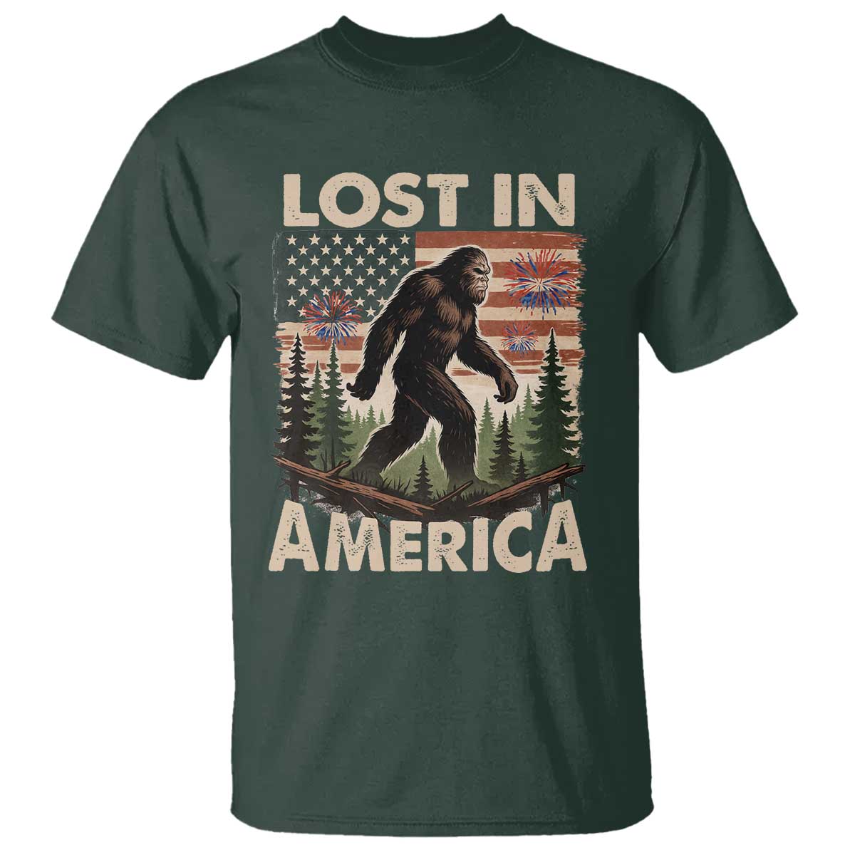 Funny 4th Of July Bigfoot Lost In America T Shirt Patriotic Sasquatch US Flag Fireworks - Wonder Print Shop