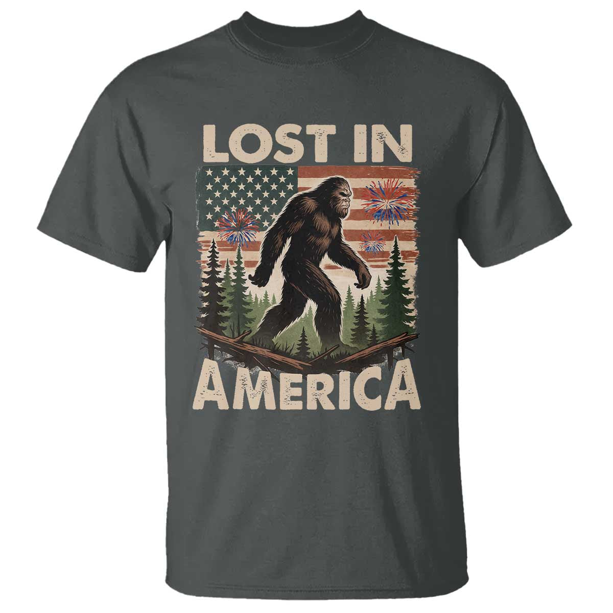 Funny 4th Of July Bigfoot Lost In America T Shirt Patriotic Sasquatch US Flag Fireworks - Wonder Print Shop