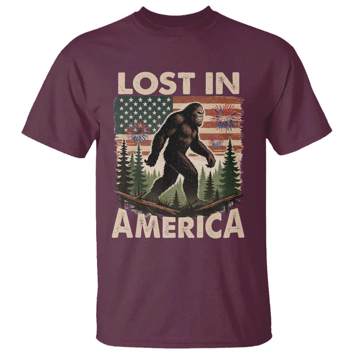 Funny 4th Of July Bigfoot Lost In America T Shirt Patriotic Sasquatch US Flag Fireworks - Wonder Print Shop
