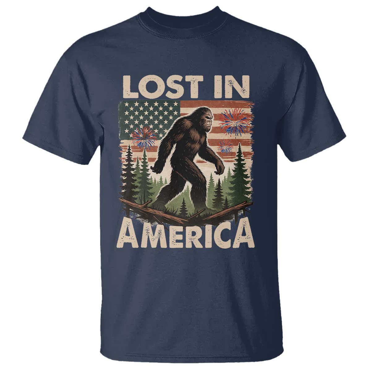 Funny 4th Of July Bigfoot Lost In America T Shirt Patriotic Sasquatch US Flag Fireworks - Wonder Print Shop