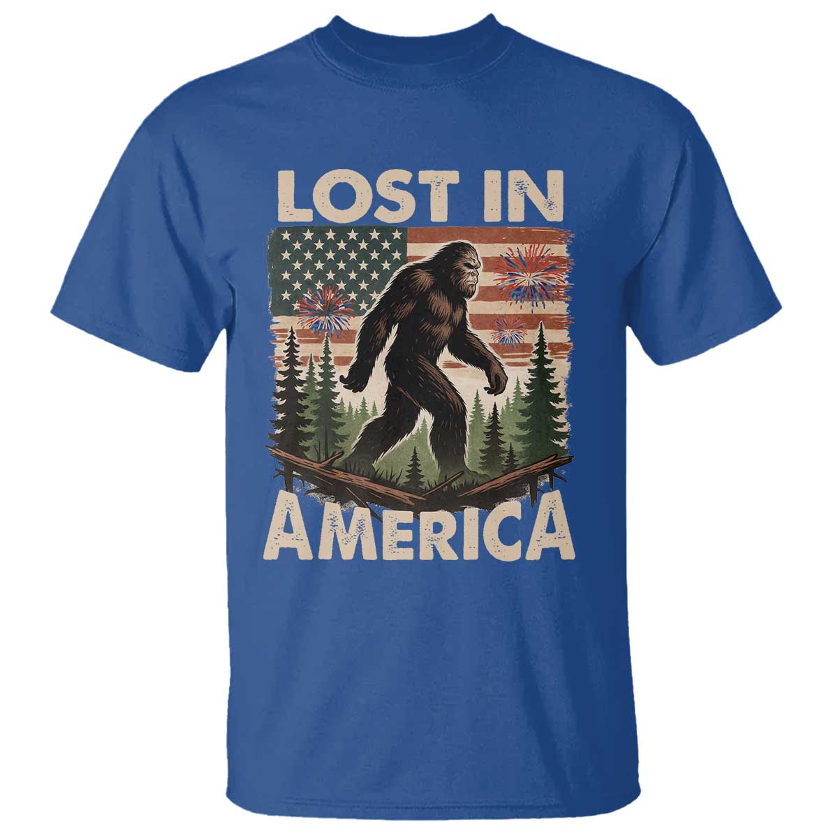 Funny 4th Of July Bigfoot Lost In America T Shirt Patriotic Sasquatch US Flag Fireworks - Wonder Print Shop