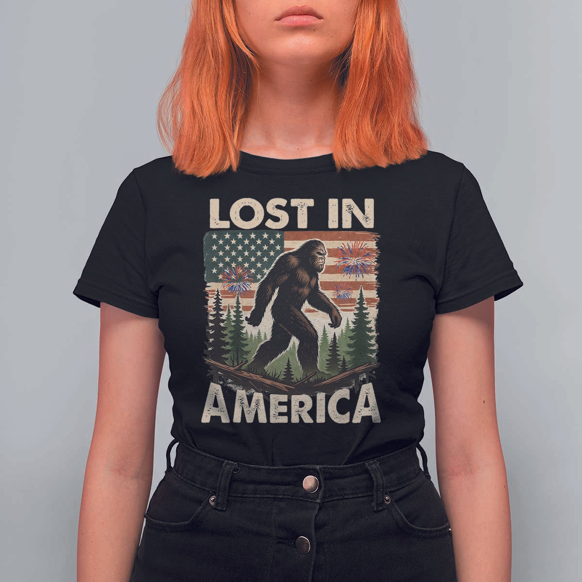 Funny 4th Of July Bigfoot Lost In America T Shirt For Women Patriotic Sasquatch US Flag Fireworks - Wonder Print Shop