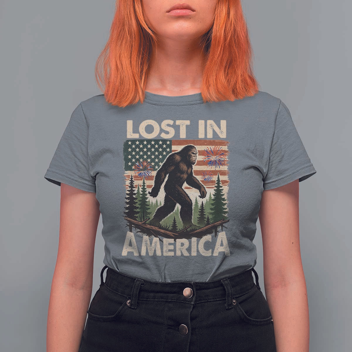 Funny 4th Of July Bigfoot Lost In America T Shirt For Women Patriotic Sasquatch US Flag Fireworks - Wonder Print Shop