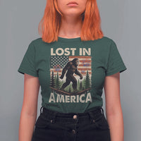 Funny 4th Of July Bigfoot Lost In America T Shirt For Women Patriotic Sasquatch US Flag Fireworks - Wonder Print Shop