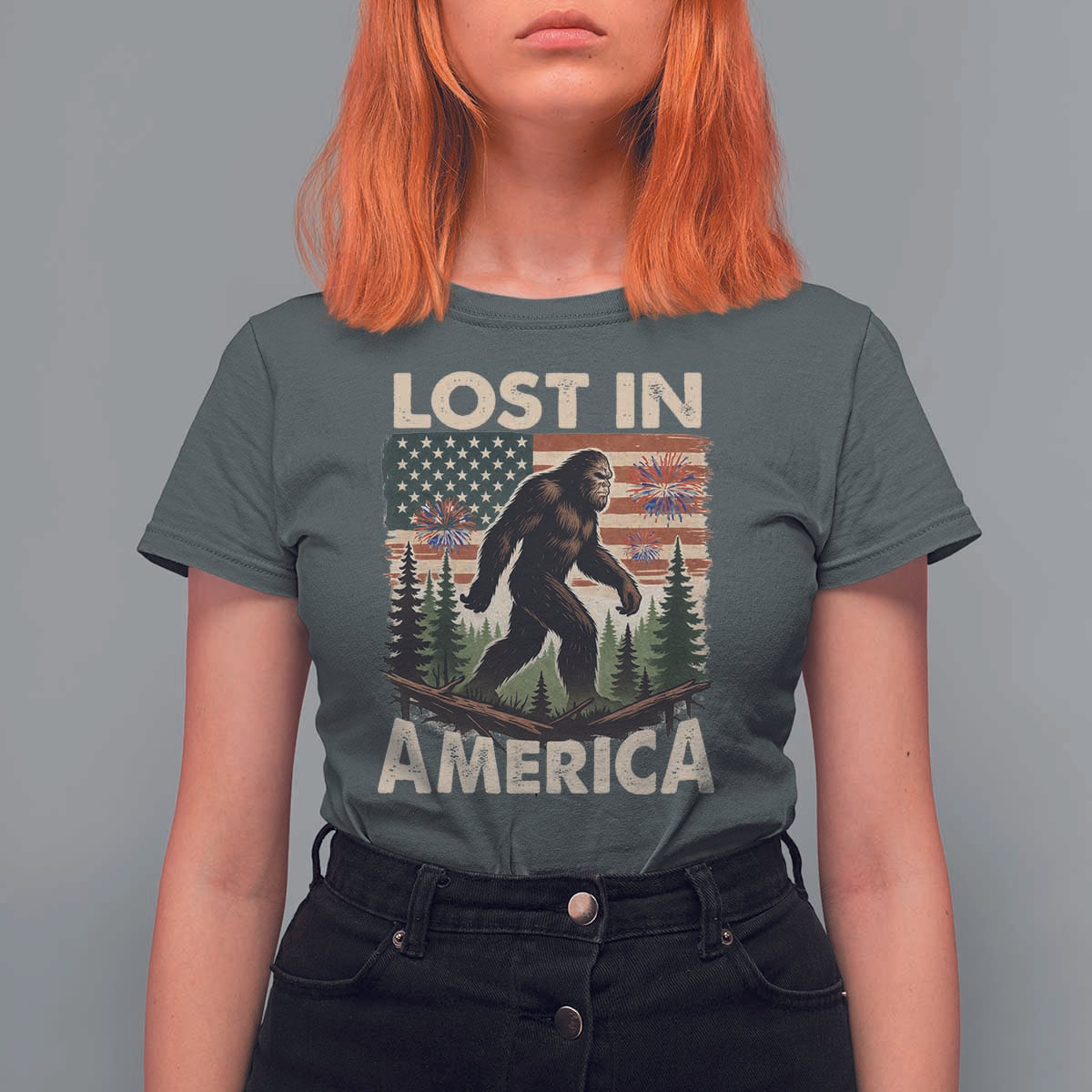 Funny 4th Of July Bigfoot Lost In America T Shirt For Women Patriotic Sasquatch US Flag Fireworks - Wonder Print Shop