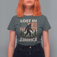 Funny 4th Of July Bigfoot Lost In America T Shirt For Women Patriotic Sasquatch US Flag Fireworks - Wonder Print Shop