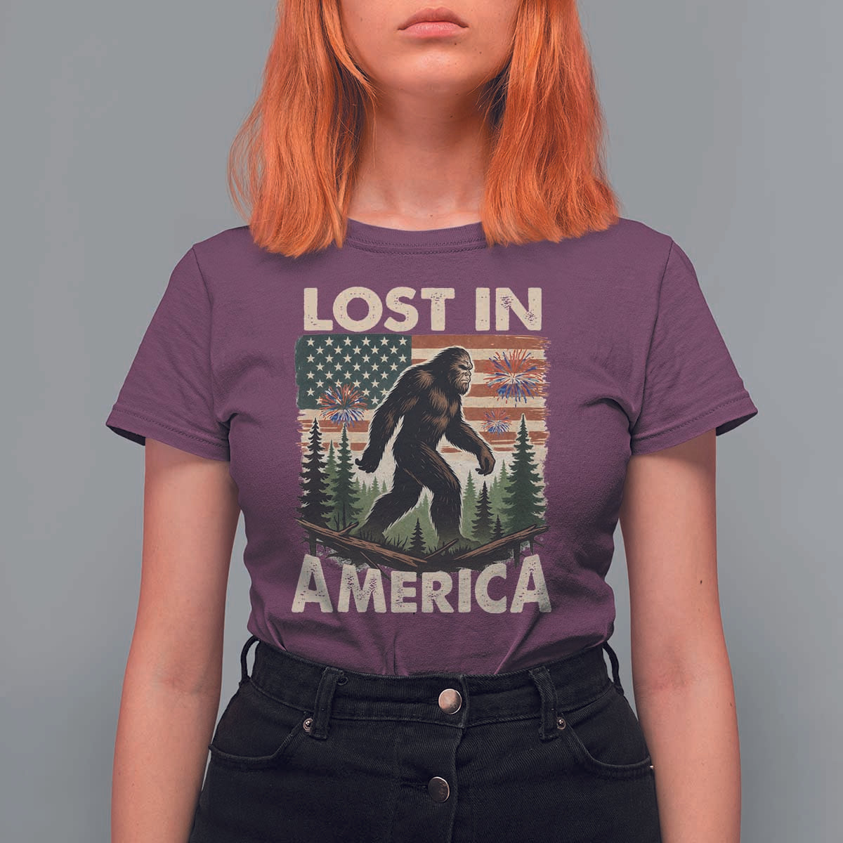 Funny 4th Of July Bigfoot Lost In America T Shirt For Women Patriotic Sasquatch US Flag Fireworks - Wonder Print Shop