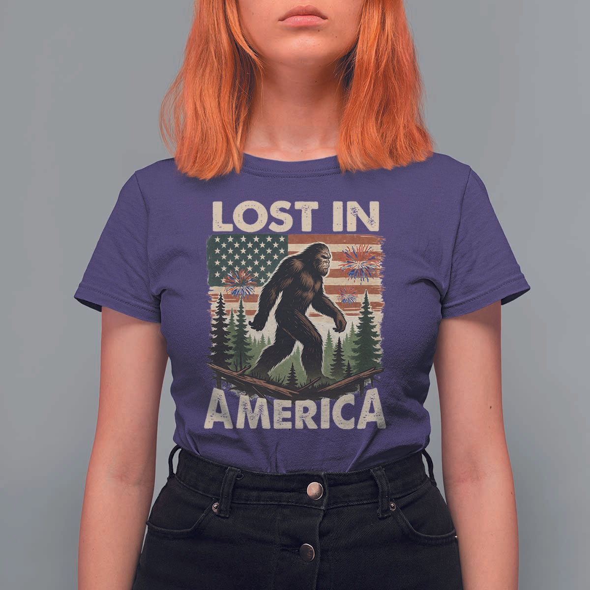 Funny 4th Of July Bigfoot Lost In America T Shirt For Women Patriotic Sasquatch US Flag Fireworks - Wonder Print Shop
