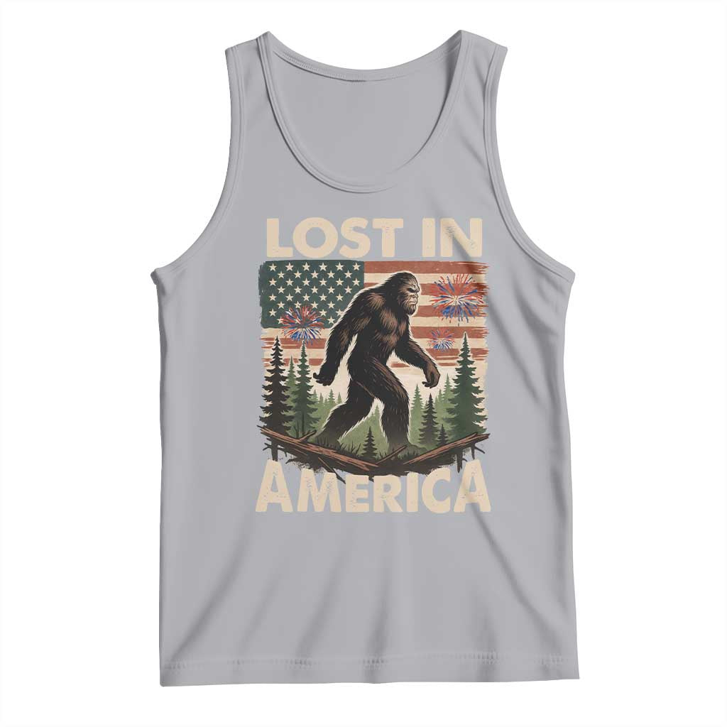 Funny 4th Of July Bigfoot Lost In America Tank Top Patriotic Sasquatch US Flag Fireworks - Wonder Print Shop