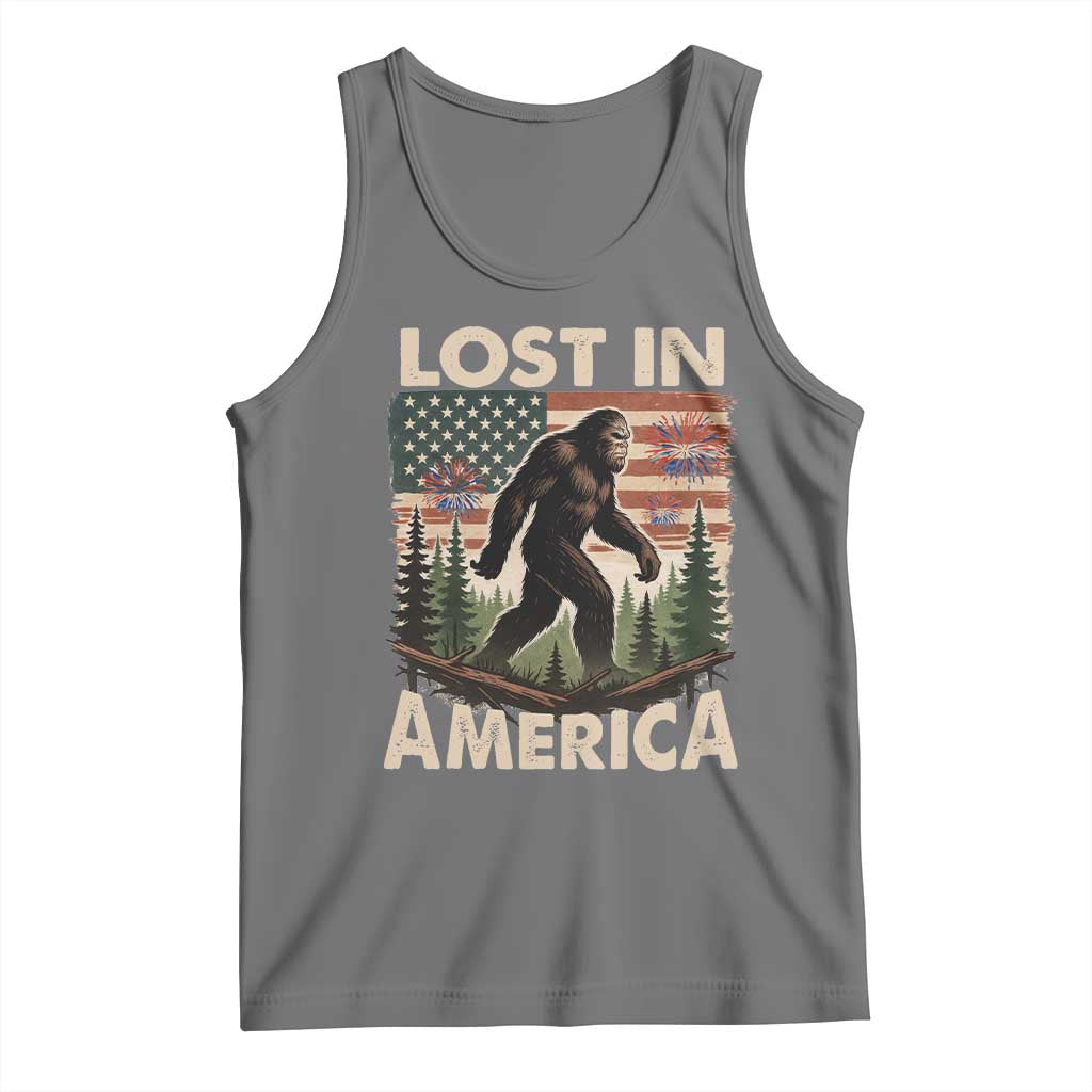 Funny 4th Of July Bigfoot Lost In America Tank Top Patriotic Sasquatch US Flag Fireworks - Wonder Print Shop