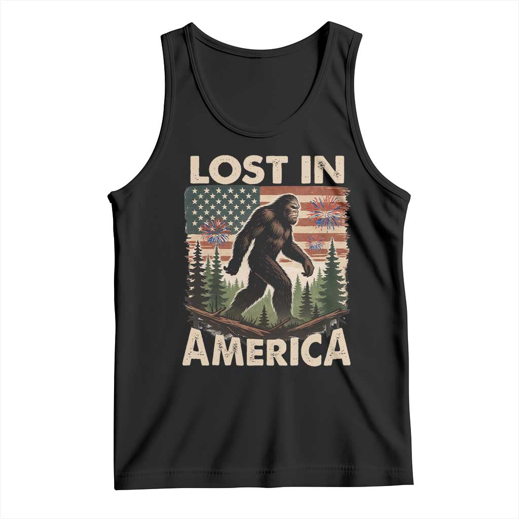 Funny 4th Of July Bigfoot Lost In America Tank Top Patriotic Sasquatch US Flag Fireworks - Wonder Print Shop