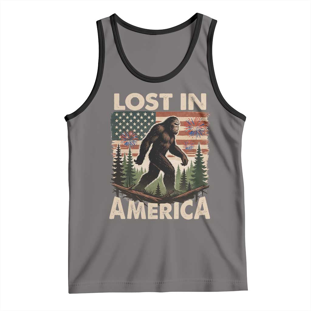 Funny 4th Of July Bigfoot Lost In America Tank Top Patriotic Sasquatch US Flag Fireworks - Wonder Print Shop