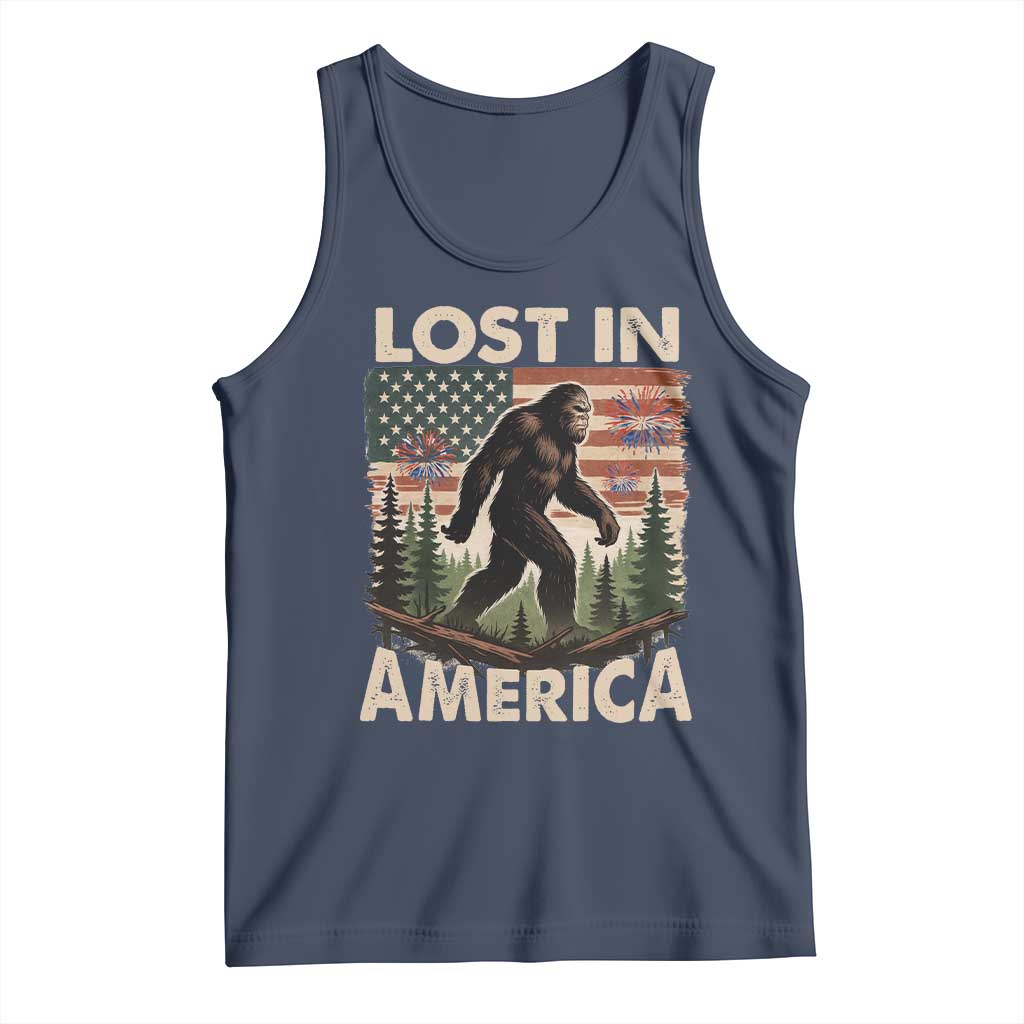 Funny 4th Of July Bigfoot Lost In America Tank Top Patriotic Sasquatch US Flag Fireworks - Wonder Print Shop