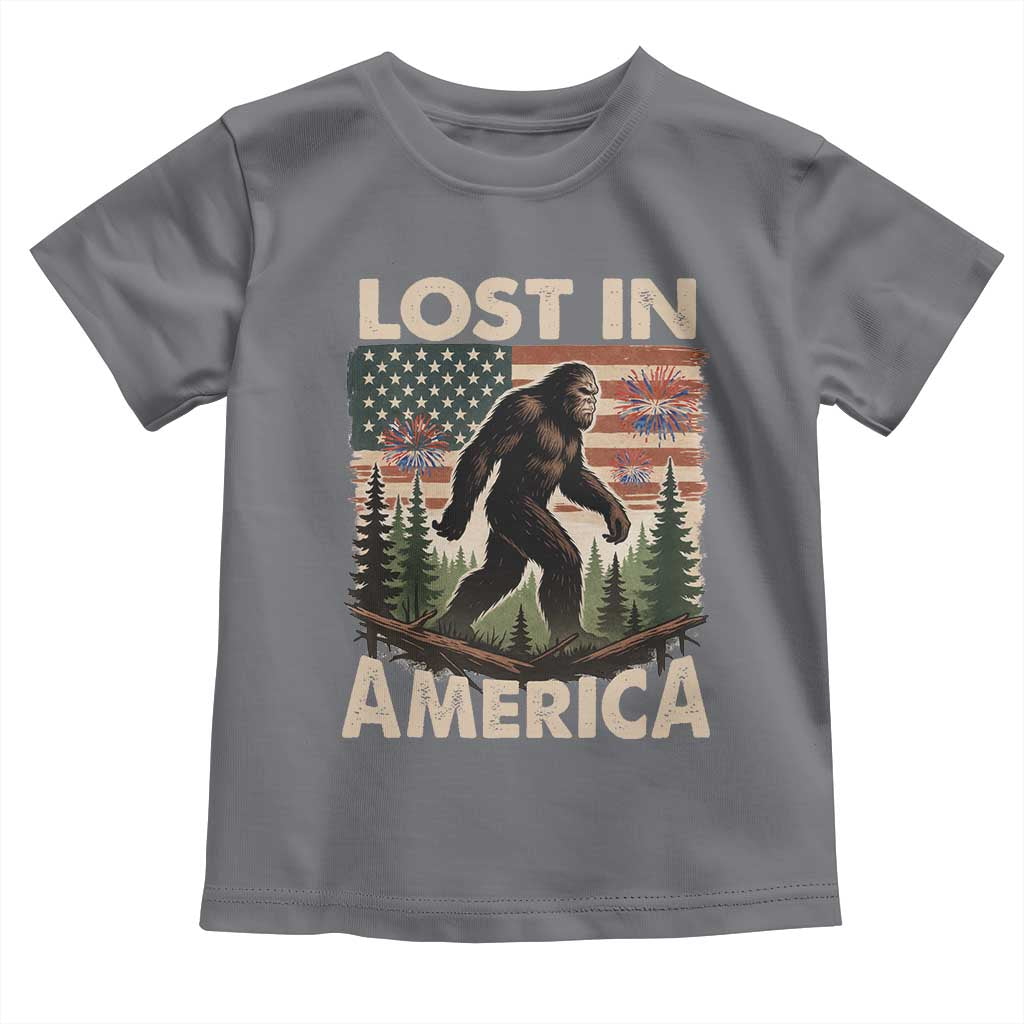 Funny 4th Of July Bigfoot Lost In America Toddler T Shirt Patriotic Sasquatch US Flag Fireworks - Wonder Print Shop