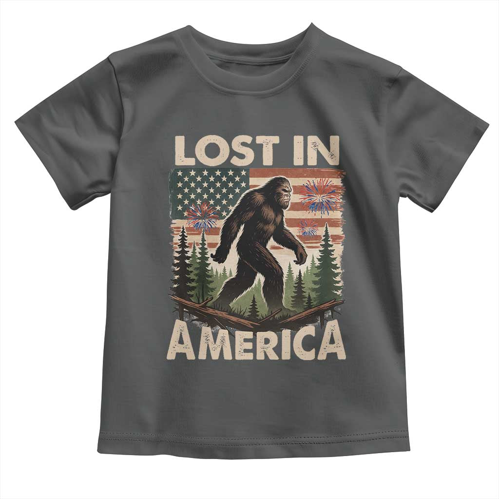 Funny 4th Of July Bigfoot Lost In America Toddler T Shirt Patriotic Sasquatch US Flag Fireworks - Wonder Print Shop