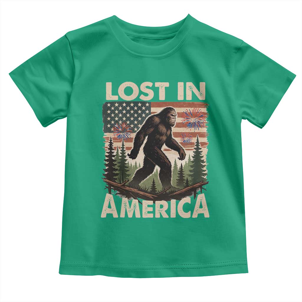 Funny 4th Of July Bigfoot Lost In America Toddler T Shirt Patriotic Sasquatch US Flag Fireworks - Wonder Print Shop