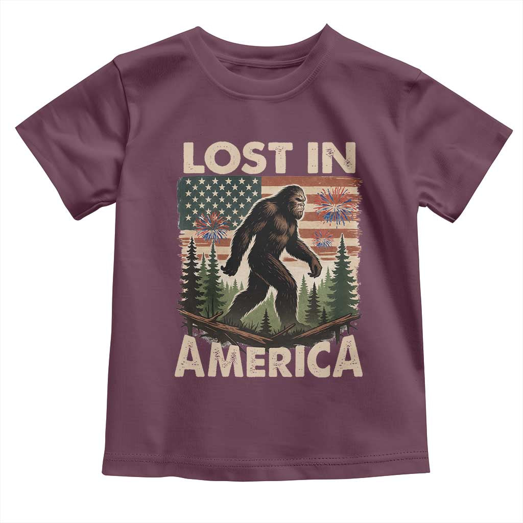 Funny 4th Of July Bigfoot Lost In America Toddler T Shirt Patriotic Sasquatch US Flag Fireworks - Wonder Print Shop