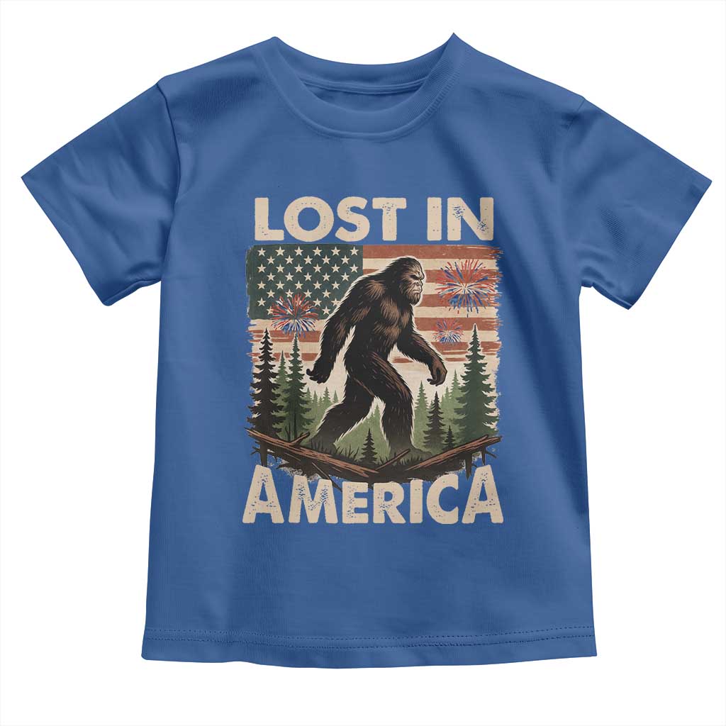 Funny 4th Of July Bigfoot Lost In America Toddler T Shirt Patriotic Sasquatch US Flag Fireworks - Wonder Print Shop
