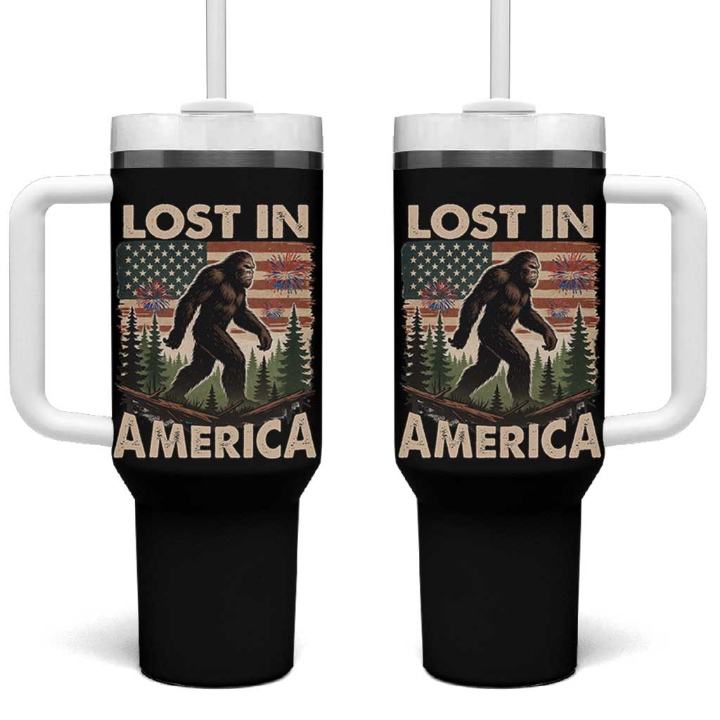 Funny 4th Of July Bigfoot Lost In America Tumbler With Handle Patriotic Sasquatch US Flag Fireworks - Wonder Print Shop